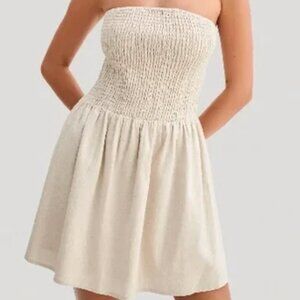 Holland Linen Shirring Mini Dress - Natural from Meshki